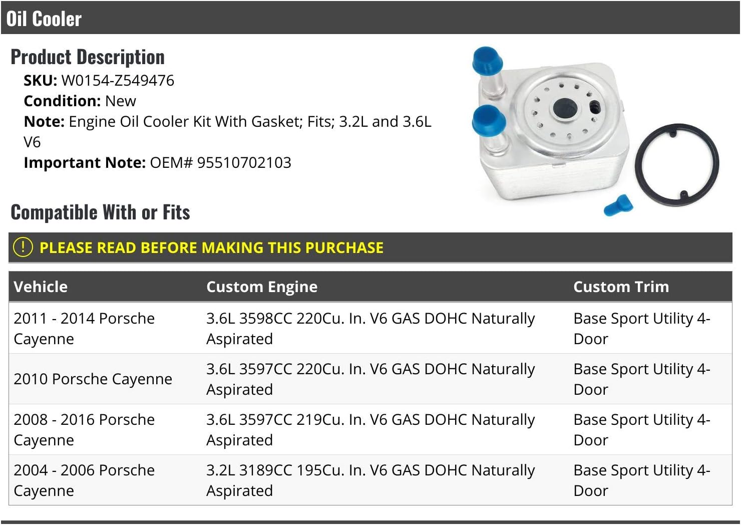 Marketplace Auto Parts - Engine Oil Cooler Kit with Gasket - Compatible with 2004-2006, 2008-2016 Porsche Cayenne (Excludes 2007)