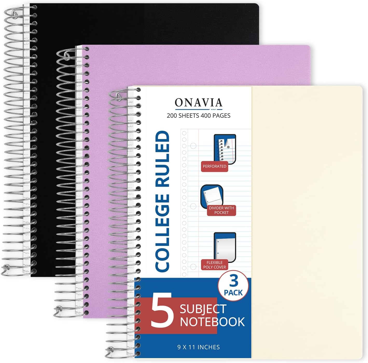 ONAVIA 5 Subject Spiral Notebook, 3 Pack, College Ruled, 9 x 11 in, 200 Sheets Each, Poly Cover School Notebooks for Study, Homework and Test Prep, Black, Purple, Beige