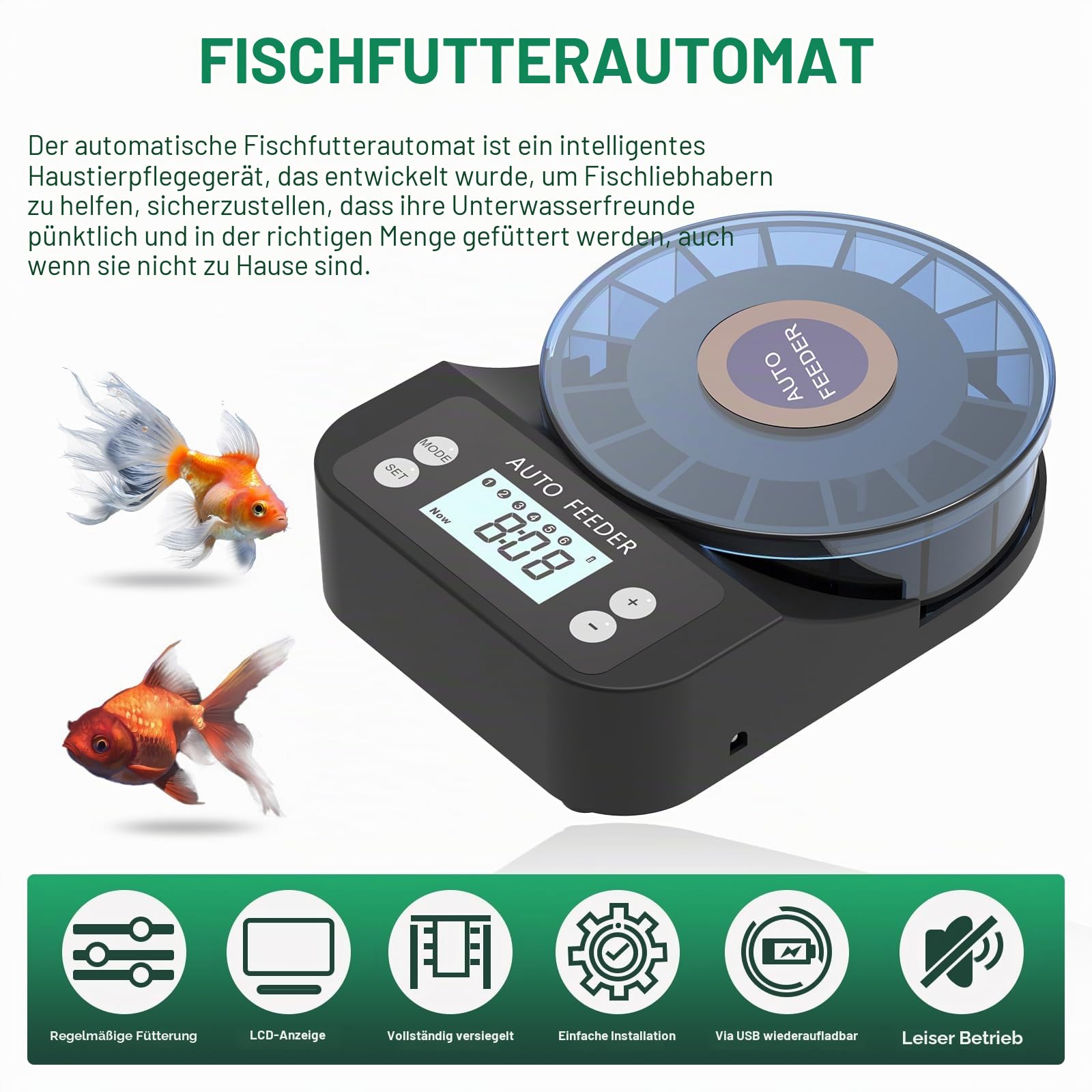 60 ml Automatischer Futterspender für Aquarienfische, Aquariumzubehör, Futterautomat mit Timer, wiederaufladbarer Futterspender mit Timer, mit USB-Kabel, LCD-Display
