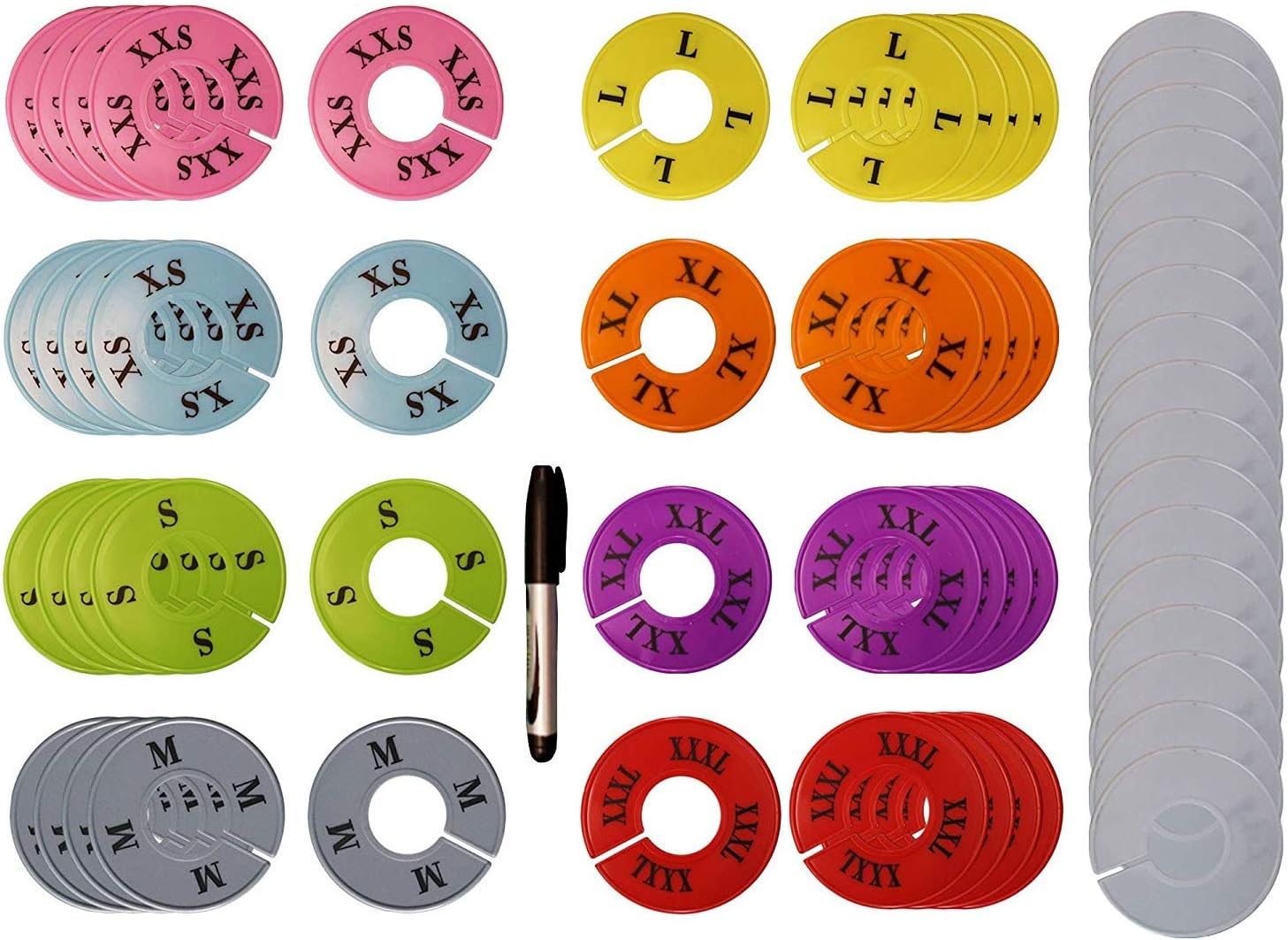 Clothing Size Dividers 55 Pieces Round Hangers Closet Dividers Multi COLORED Size Series XXS to XXXL and 15 Blank Pieces with Marker Pen, Rack Size Dividers Round Hanger Garment Sorting Storage Tubes