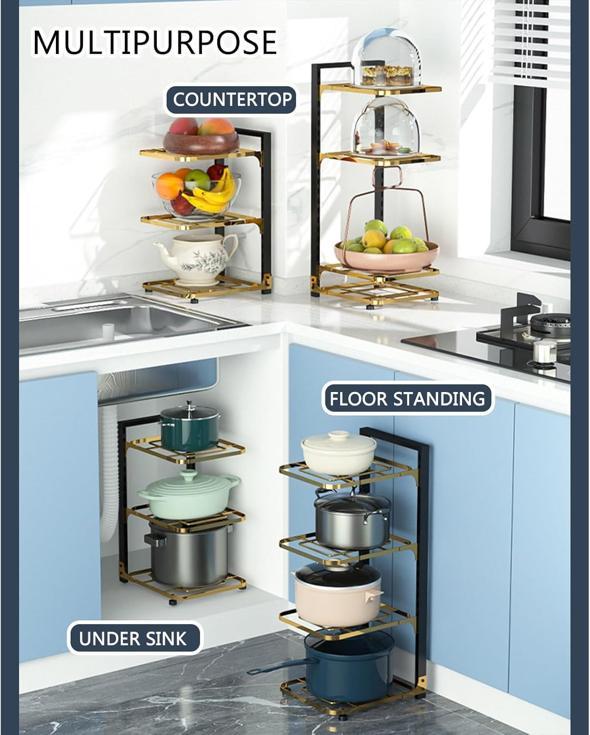 Adjustable Pot and Pan Organizer Rack For Kitchen, Floor Standing Cookware Stand, Heavy Duty Pot Rack Organizer for Cast Iron Cookware(One Color 3) (One Color 4)