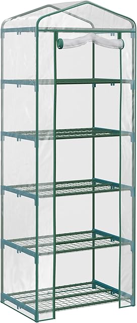 Outsunny 5 Tier Mini Greenhouse Portable Garden Grow House with Roll Up Door and Wire Shelves, 69 x 49 x 193cm, Clear
