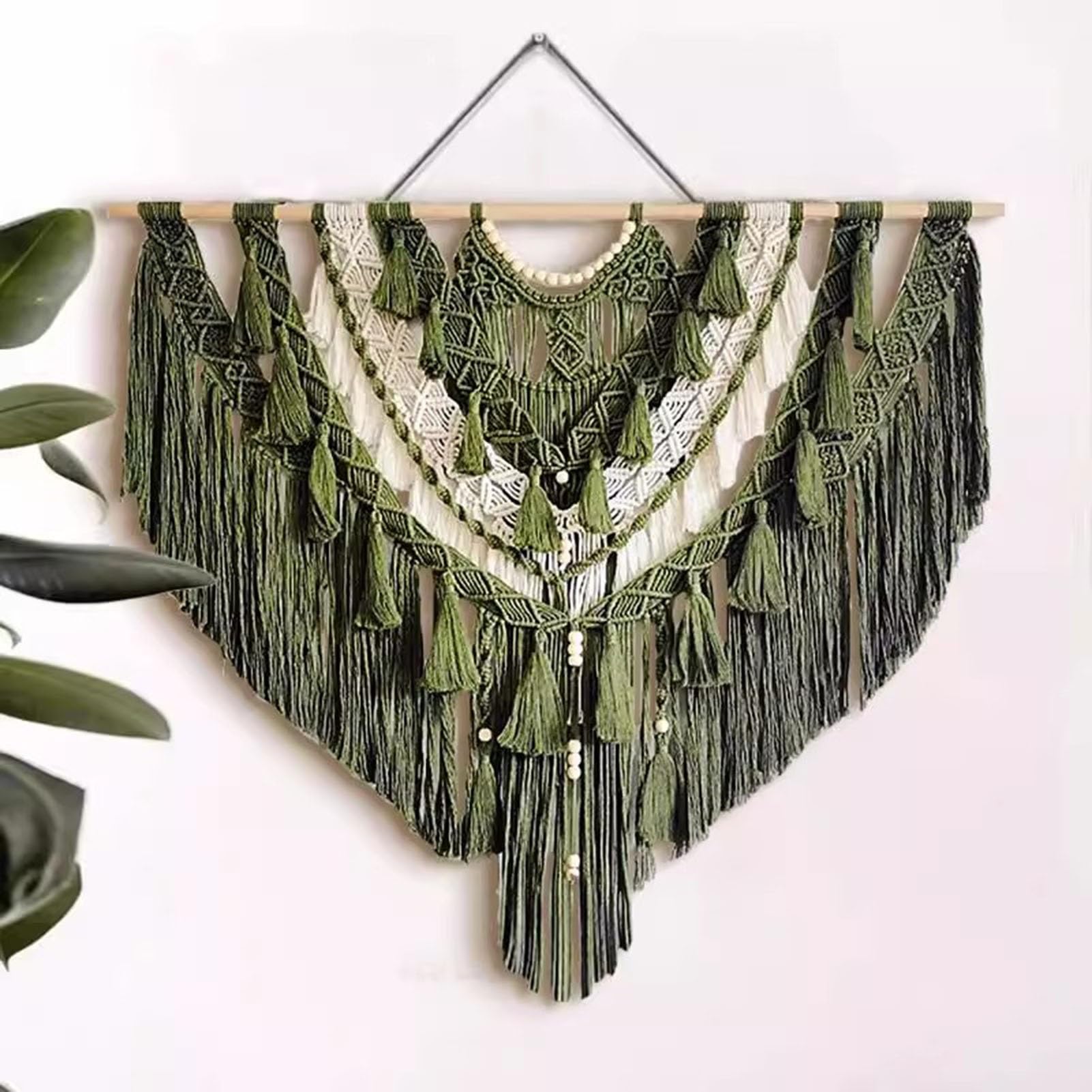 Tapiz de pared de macramé tejido hecho a mano con cuentas, decoración de pared bohemia verde oliva y crema