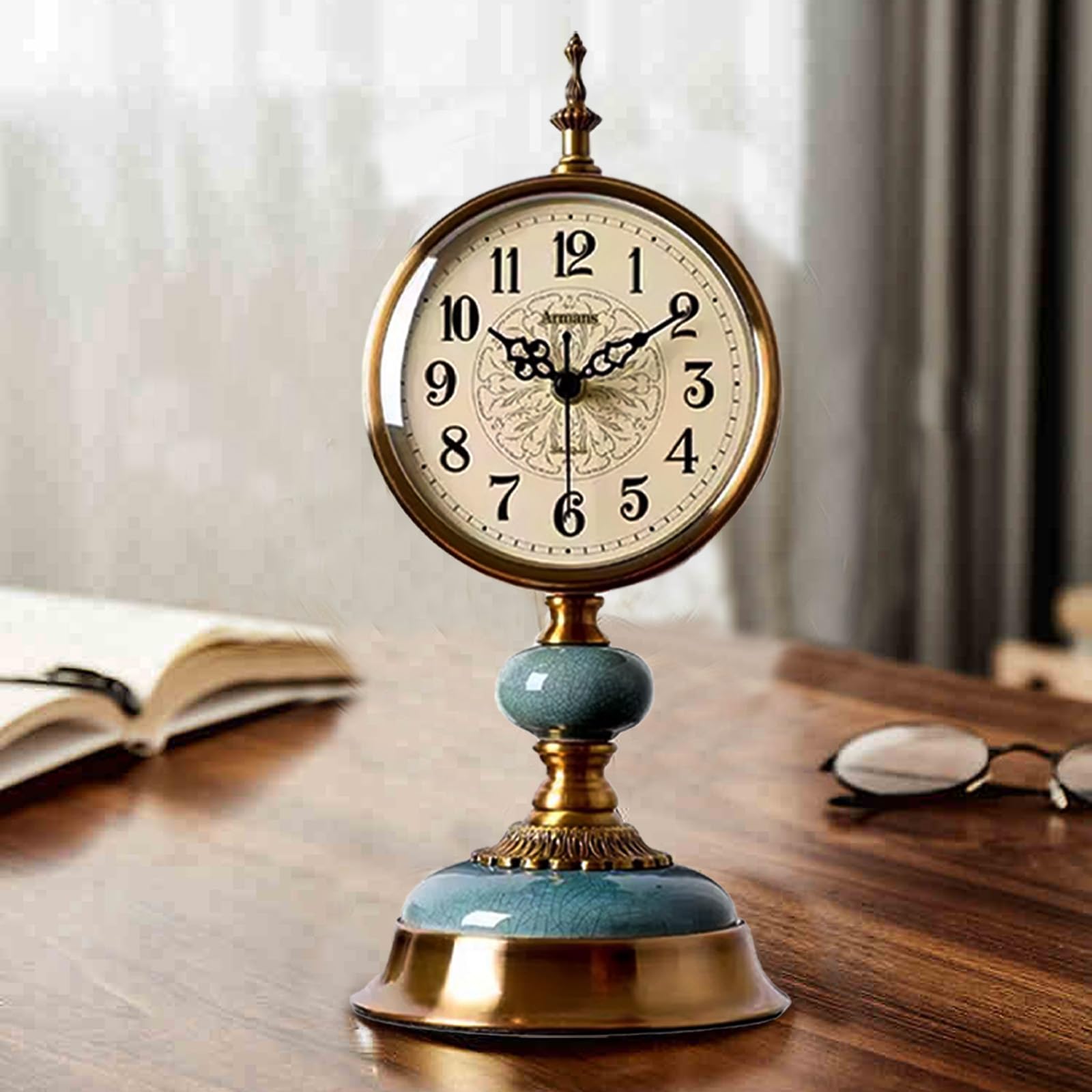 Vintage Tischuhr, Vintage Messing Standuhr, Antike Metall Schreibtischuhr batteriebetrieben, Antike Stille Uhr, Tischuhr aus Messing für Wohnzimmer, Regal, Kamin, Büro