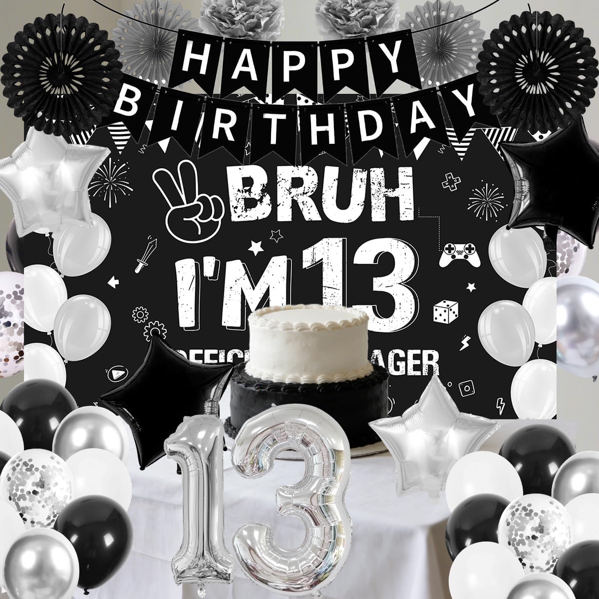 Black 13th Birthday Decorations for Girl Boys Bruh I'm 13 Backdrop, Banner, Paper Fan, Pompoms, Balloons, Bro I'm 13 Official Teenager 13th Party Decor Cheers to 13 Years Party Supplies