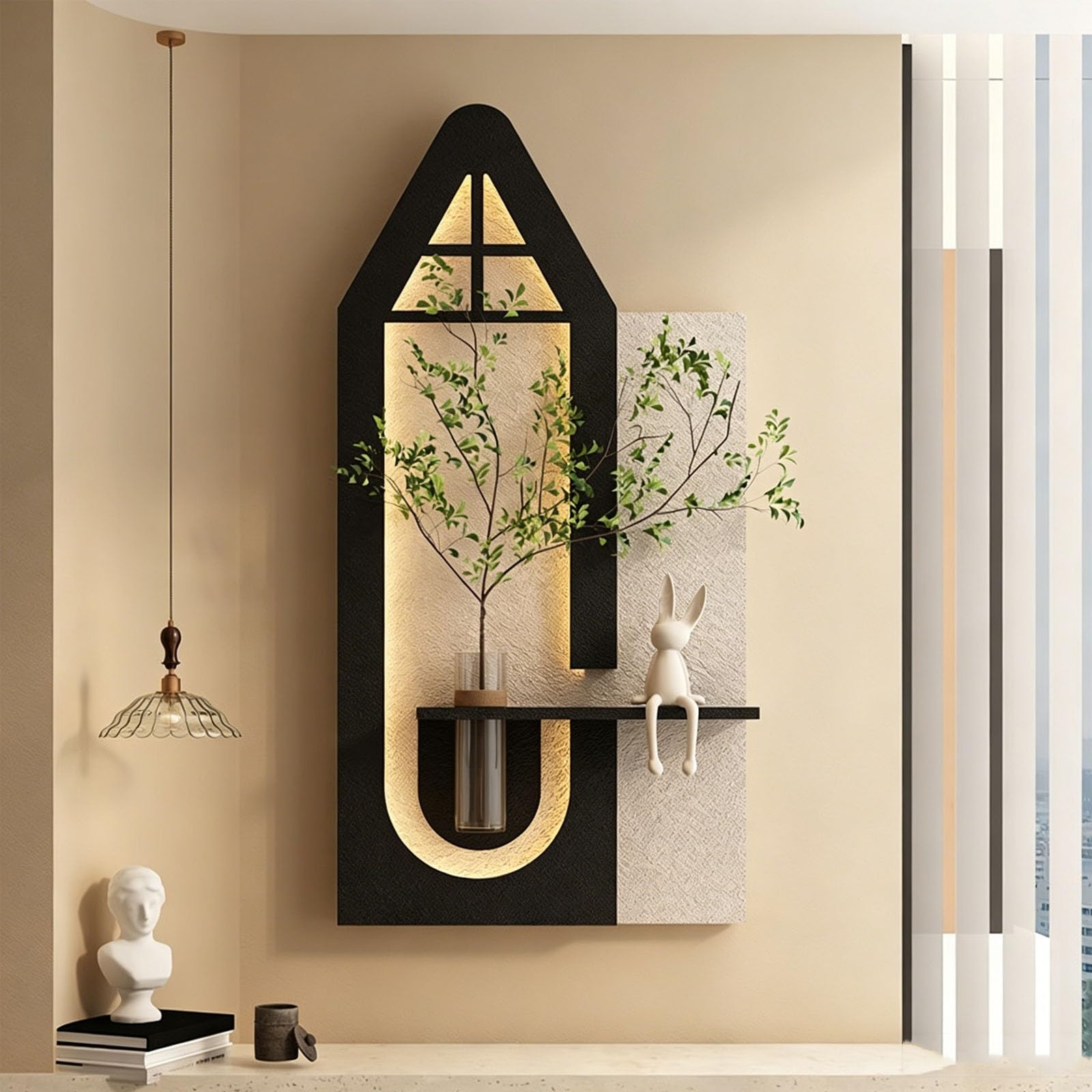 KEIFCUACLA Handcrafted Sandstone Wall Decor: Modern 3D Art Piece (Featuring LED Lighting and Faux Greenery),Suitable for Vertical Display in Living Rooms and Offices(Black,70 * 140cm/27.6 * 55.1in)