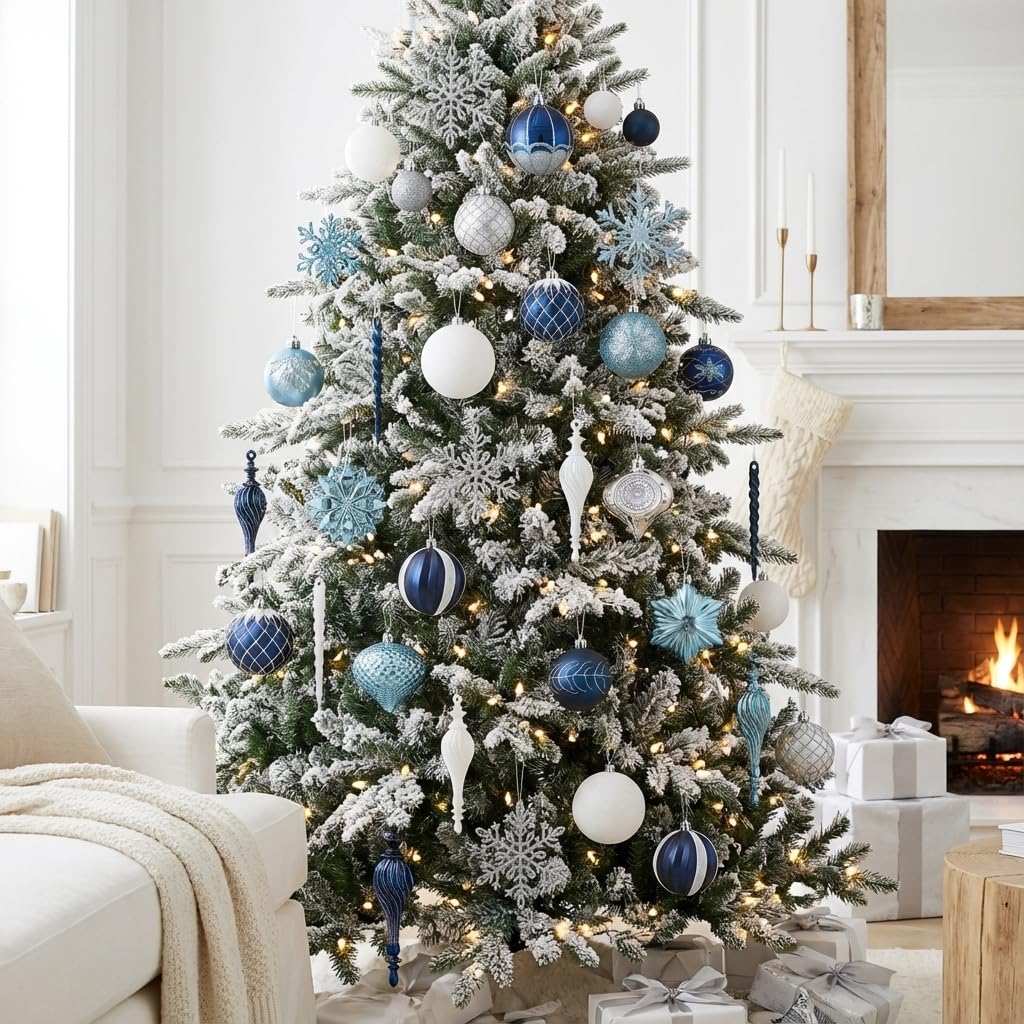 Valery Madelyn Lot de 130 décorations de sapin de Noël à suspendre en plastique incassable pour intérieur et extérieur – Pendentifs saisonniers pour fête de Noël, couronne, guirlande (bleu et argenté)