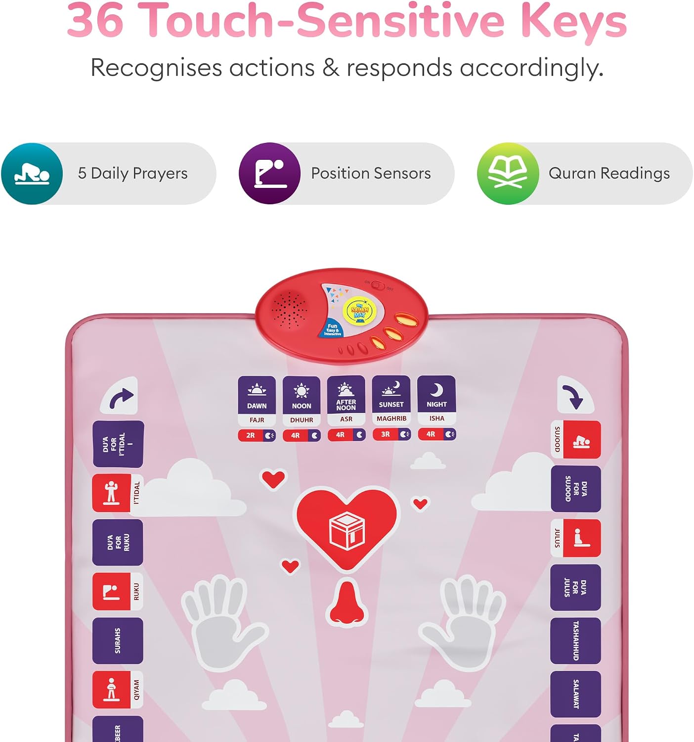 My Salah Mat for Kids - Pink Interactive Muslim Prayer Rug Learning The Salah - Fun & Easy Prayer Mat with 36 Touch Keys, 15 Languages, Speaker, & Booklets - Islamic Toys for Ages 3 to 8