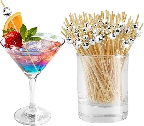 100 palillos de cóctel, palillos de dientes decorativos de bola de discoteca para aperitivos, brochetas de cóctel plateadas para aperitivos, púas