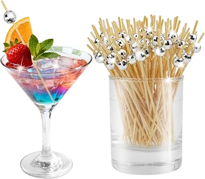 100 Count Silver Mini Disco Ball Cocktail Picks for Appetizers | 4.7-inch decorative bamboo toothpicks and skewers for drinks, cupcakes and party food decor.