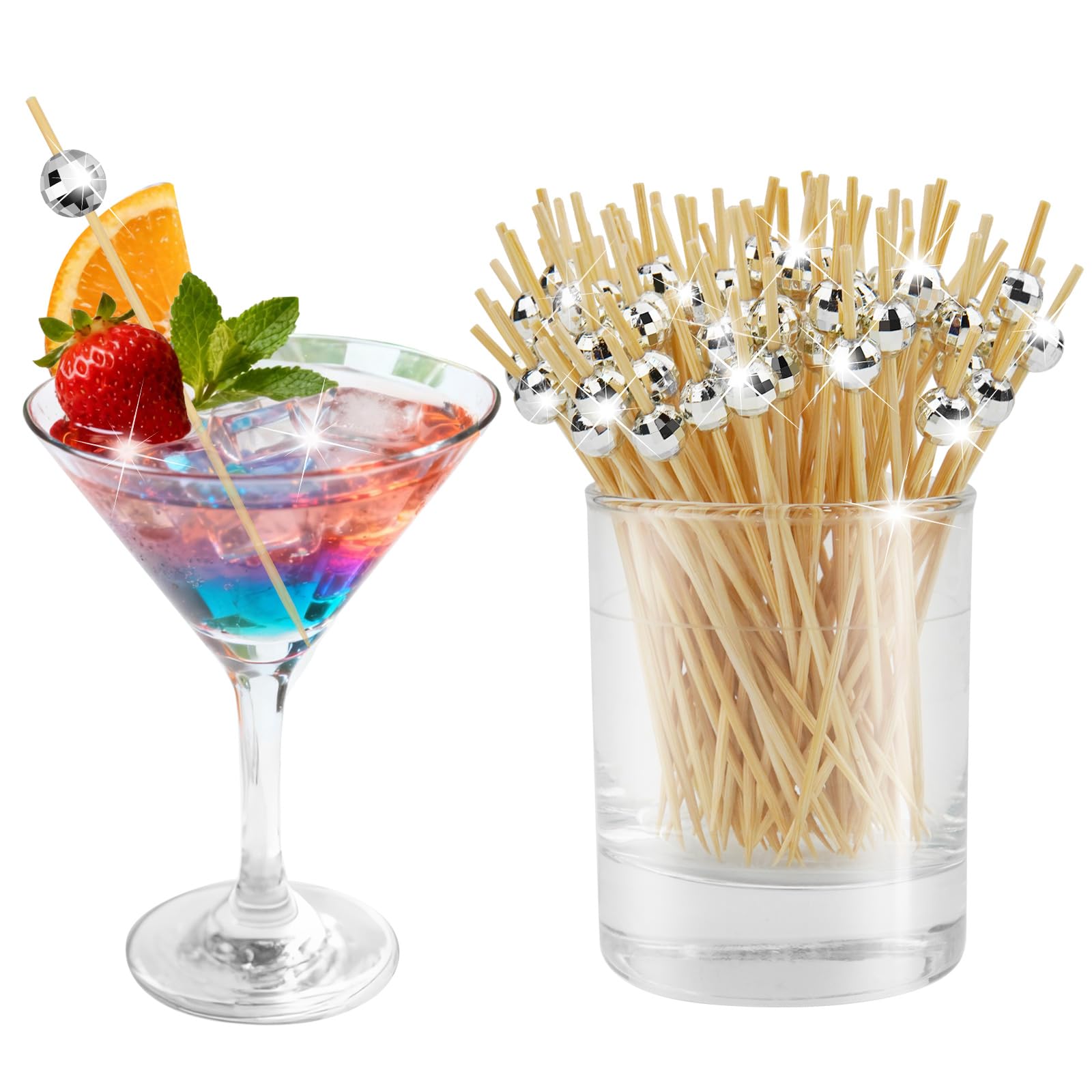 100 Pcs Cocktail Picks, Disco Ball Decorative Toothpicks for Appetizers, Silver Cocktail Skewers for Appetizers, Wooden Long Cocktail Picks Disco Theme for Party Supplies (4.7 Inch, Silver)