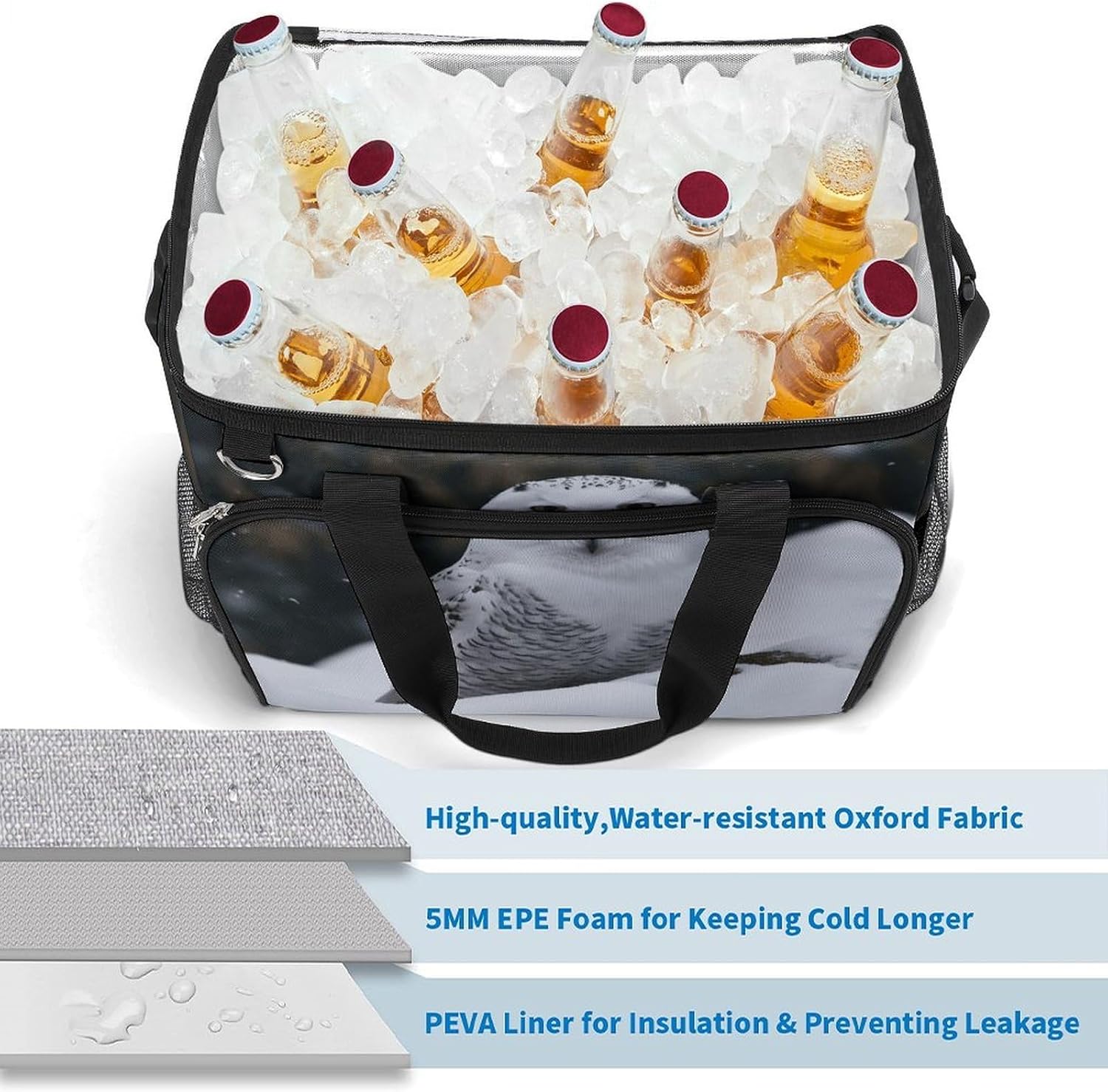 Large Capacity Oxford Cloth Snow Owl Printed Camping Ice Bag, Outdoor Portable Insulation and Cooling Bag, Suitable for Outdoor Camping and Picnics