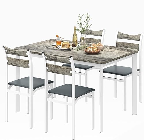 Recaceik Juego de mesa de comedor para 4, mesa de cocina de madera con marco de metal y tablero de MDF, juego de mesa de cocina de 5 piezas para