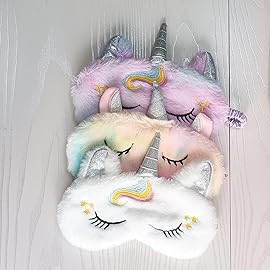 Cute Animal Sleeping Mask Soft Plush Blindfold Cute Rabbit Panda Koala Eye Cover Eyeshade for Kids Teens Girls Women (3Pack Unicorn)