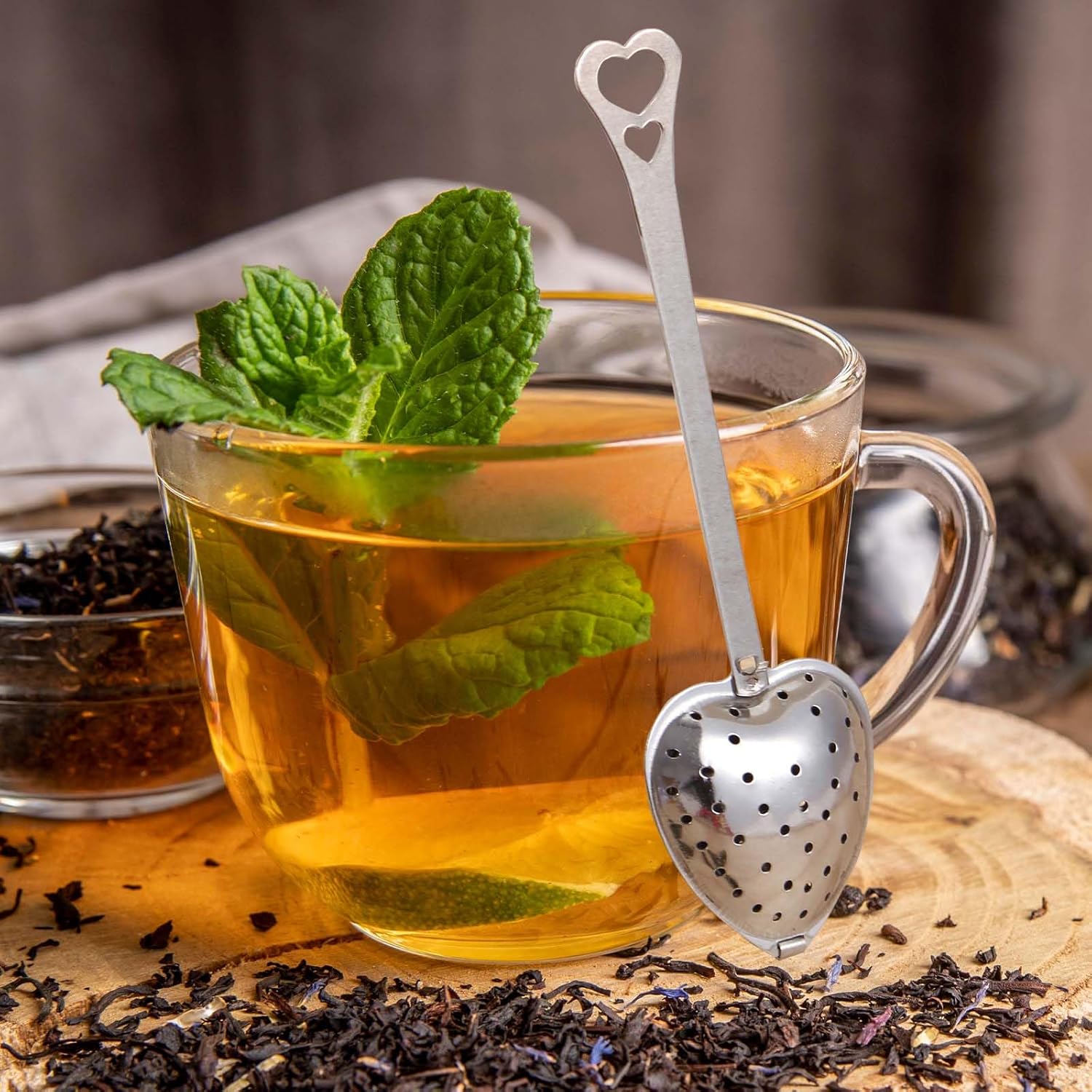50 Pieces Tea Infuser for Loose Leaf Tea, Heart Shaped Tea Strainer Spoons Stainless Steel Long Grip Tea Filter Mesh Tea Steeper for Tea Party Accessories