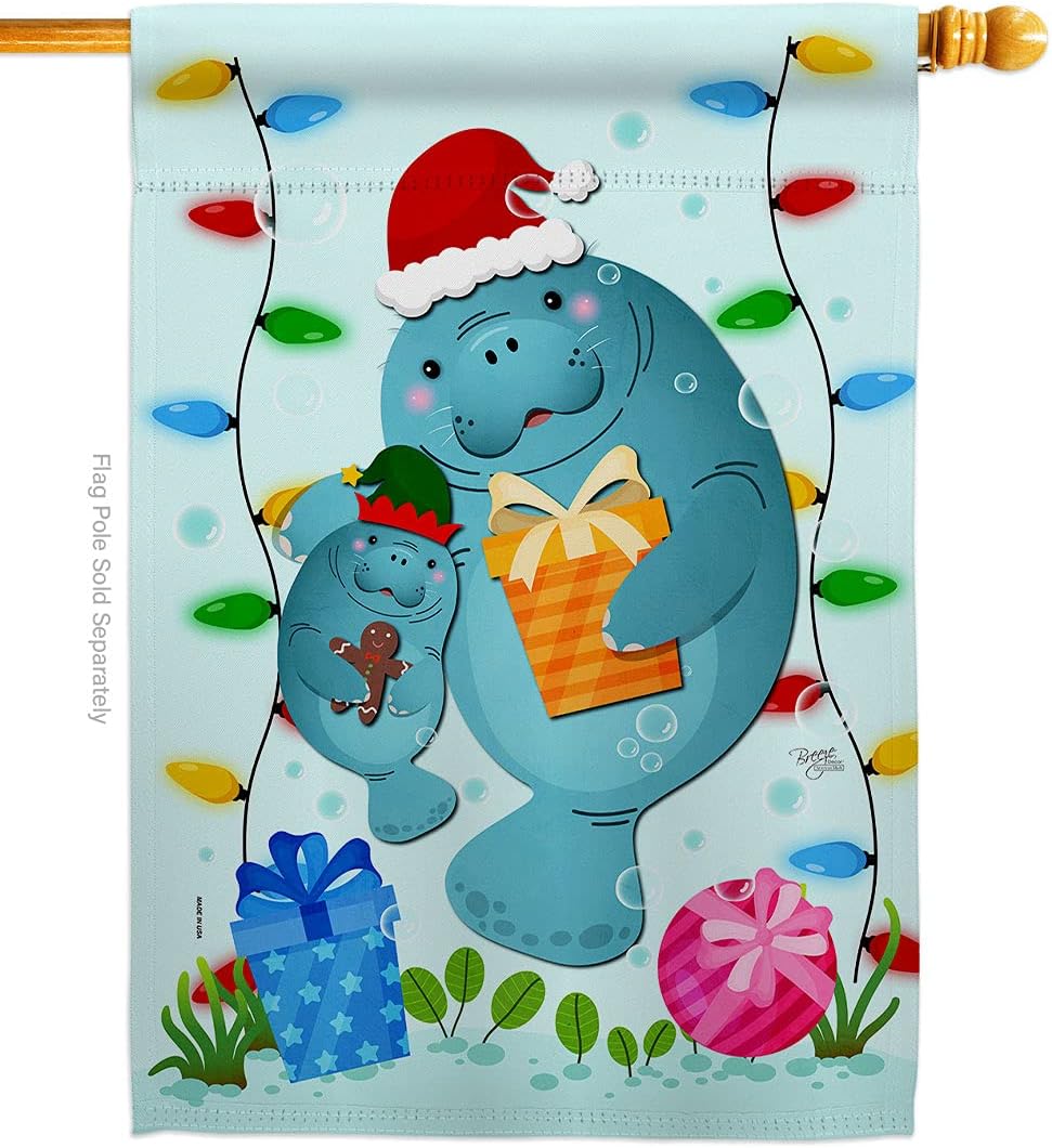 Breeze Decor Manattes Christmas House Flag Coastal Sea Creatures Nautical Ocean Fish Outdoor Summer Marine Decoration Banner Small Garden Yard Gift Double-Sided, Made in USA