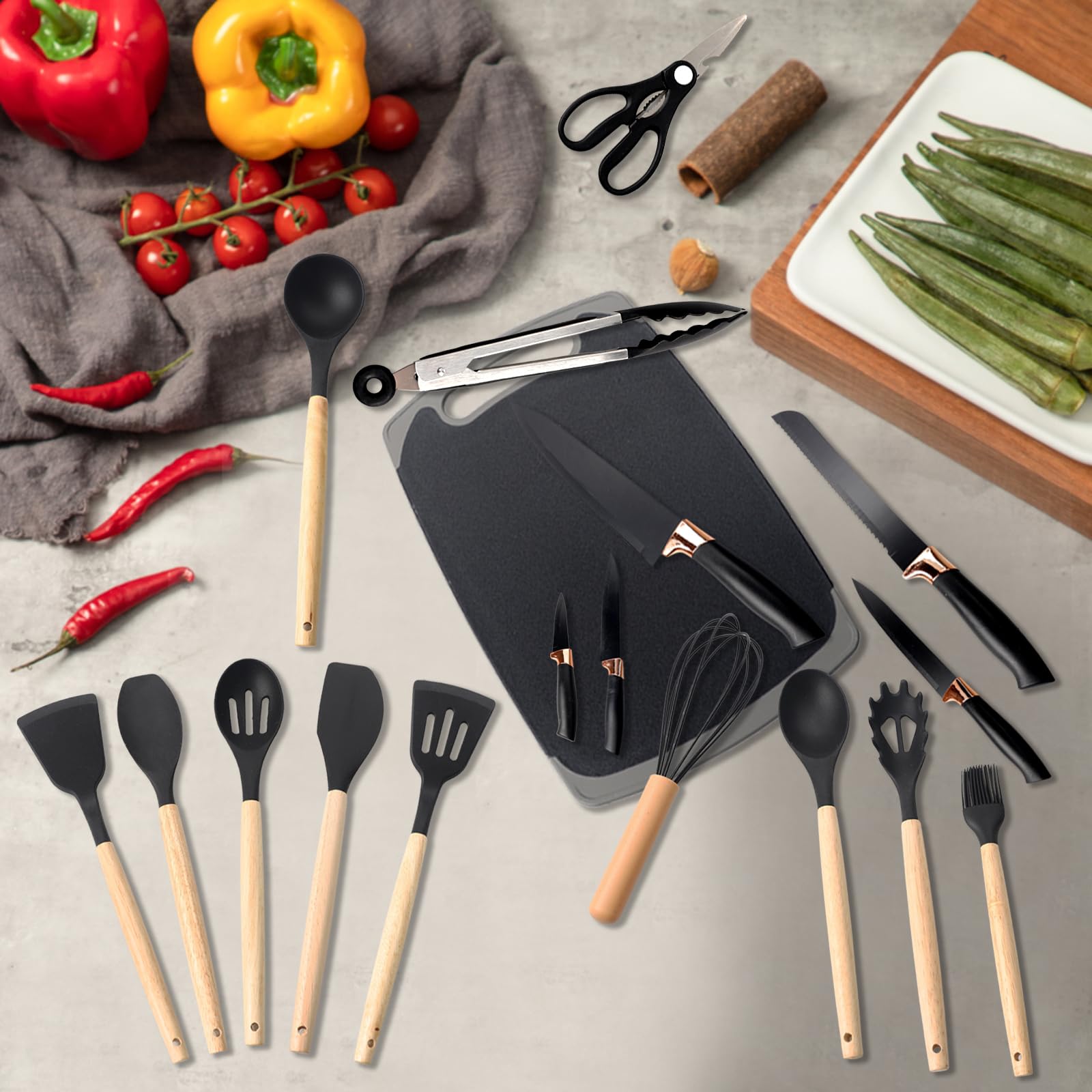 Set Utensili da Cucina 19 Pezzi Nero – Include 5 Coltelli, 1 Tagliere 13 Utensili in Silicone con Scatola di Conservazione a Forma di Diamante – Resistenti al Calore Ideale per Ogni Cucina