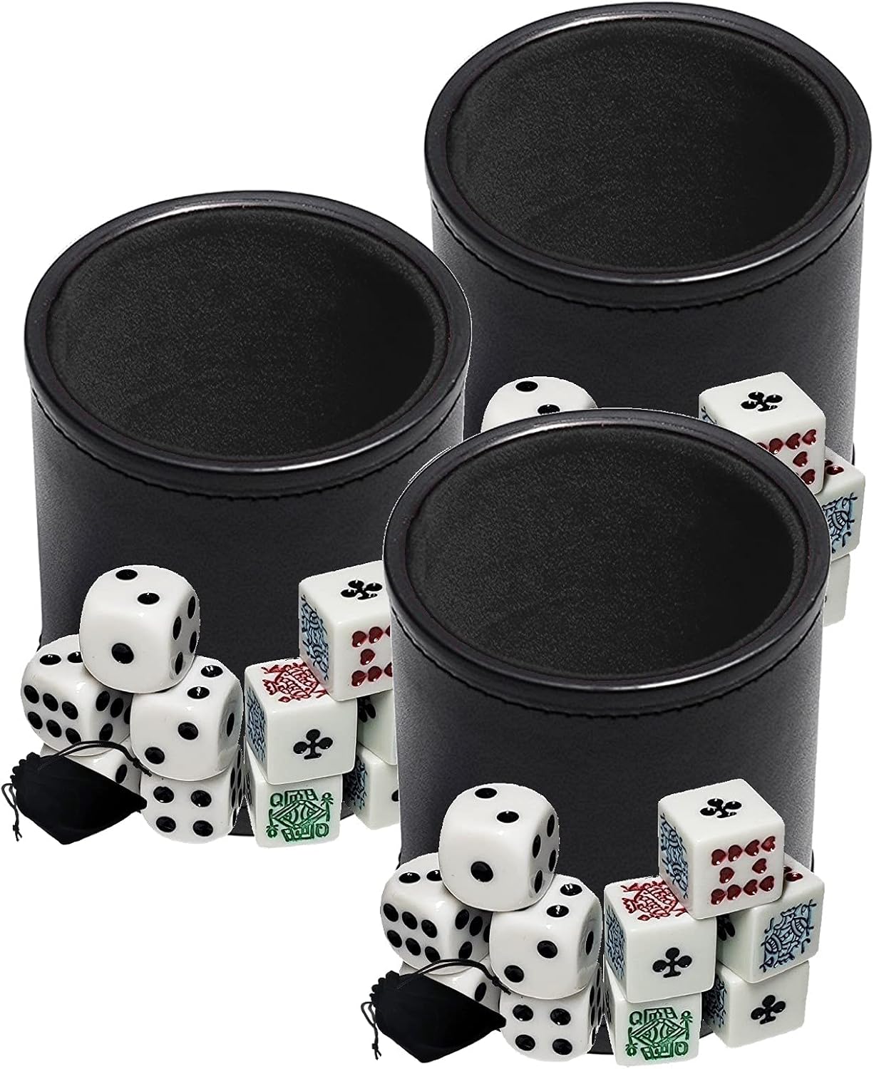 Cyber-Deals Black PU Leather Black Felt Lined Dice Cup with White Poker (Clubs Ace) & Pip Dice in Storage Pouch Set (3 Sets)
