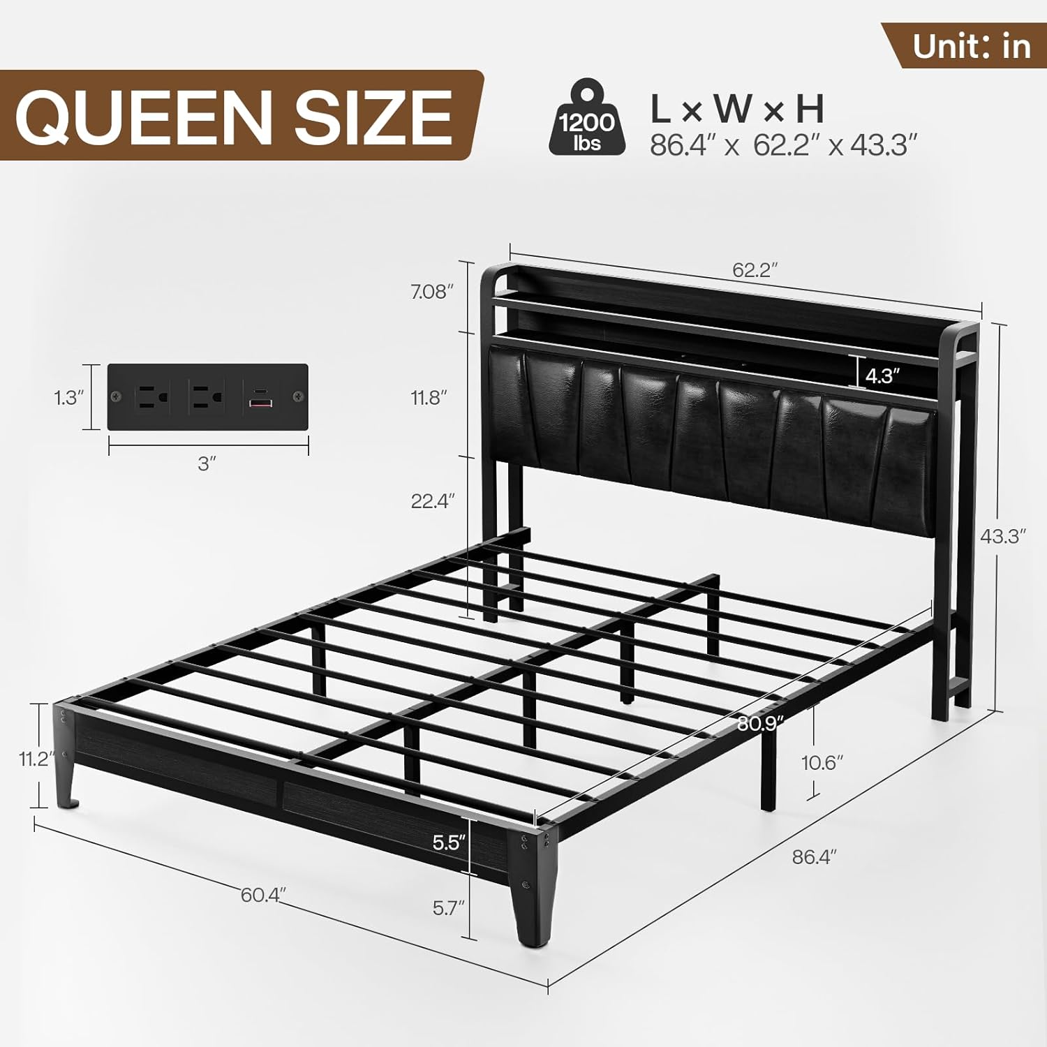 Queen Size Bed Frame with 2-Tier Storage Shelves, LED Bed Frame with PU Leather Headboard, Metal Platform Bed with Charging Station, Noise Free, No Box Spring Needed, Easy Assembly, Black