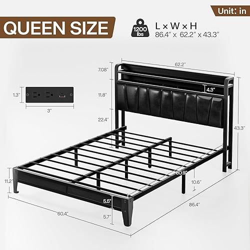 Miniatura 2 de Base de cama tamaño Queen con estantes de almacenamiento de 2 niveles, marco de cama LED con cabecera de piel sintética, cama de plataforma de metal