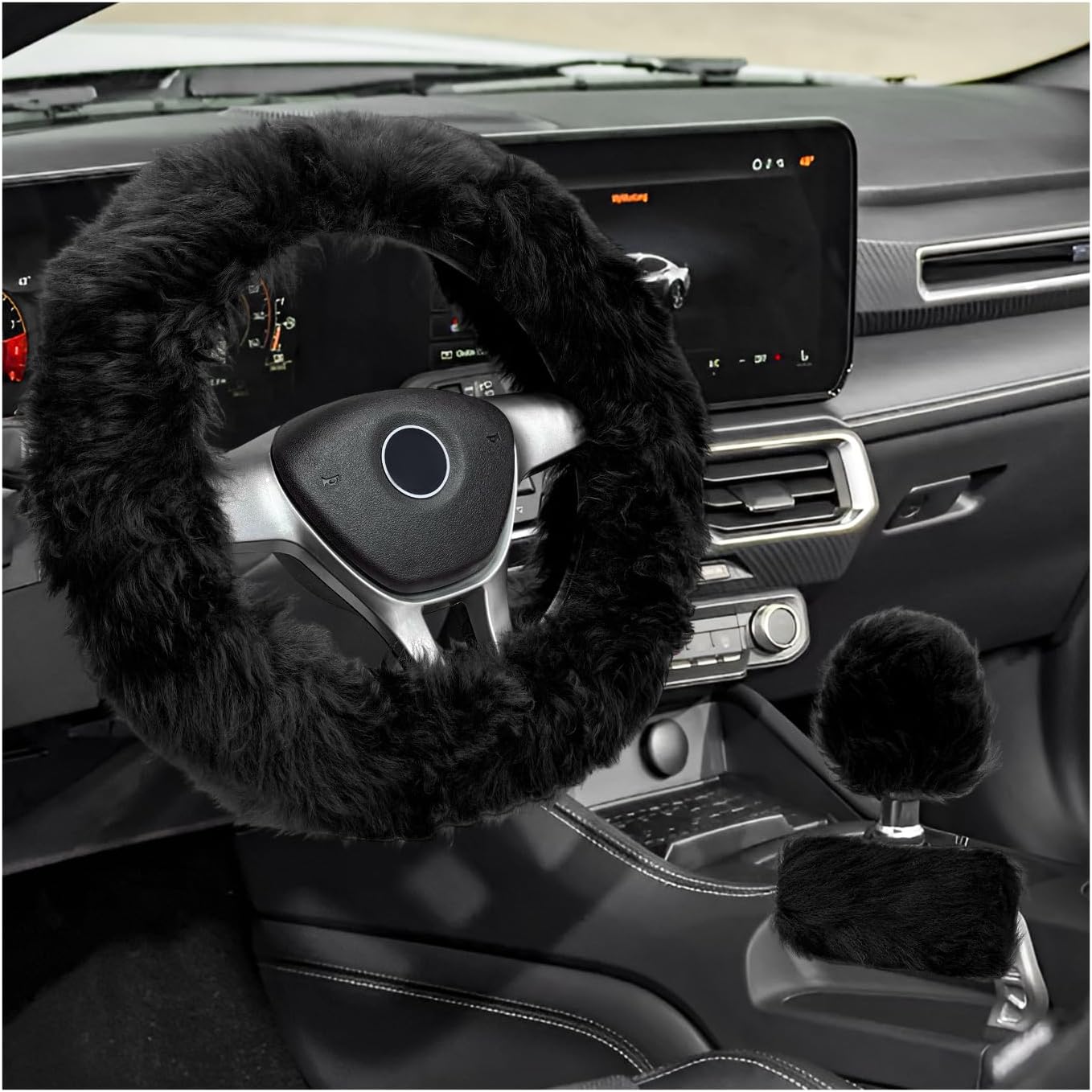 Fluffy Steering Wheel Covers Set, Fuzzy Wool Wheel Protector with Handbrake & Gear Shift Cover, Soft Warm Steering Wheel Wrap Furry Interior Accessories for Women Girls (Black)