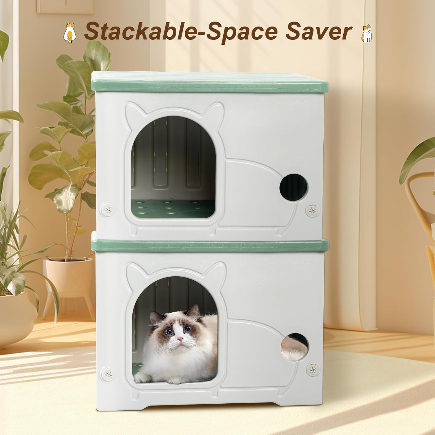 Plastic Cat House for Indoor Outdoor, Weatherproof Outside Cat House for Feral Cat, Stackable Cat Shelter with Plush Cushion (Green)