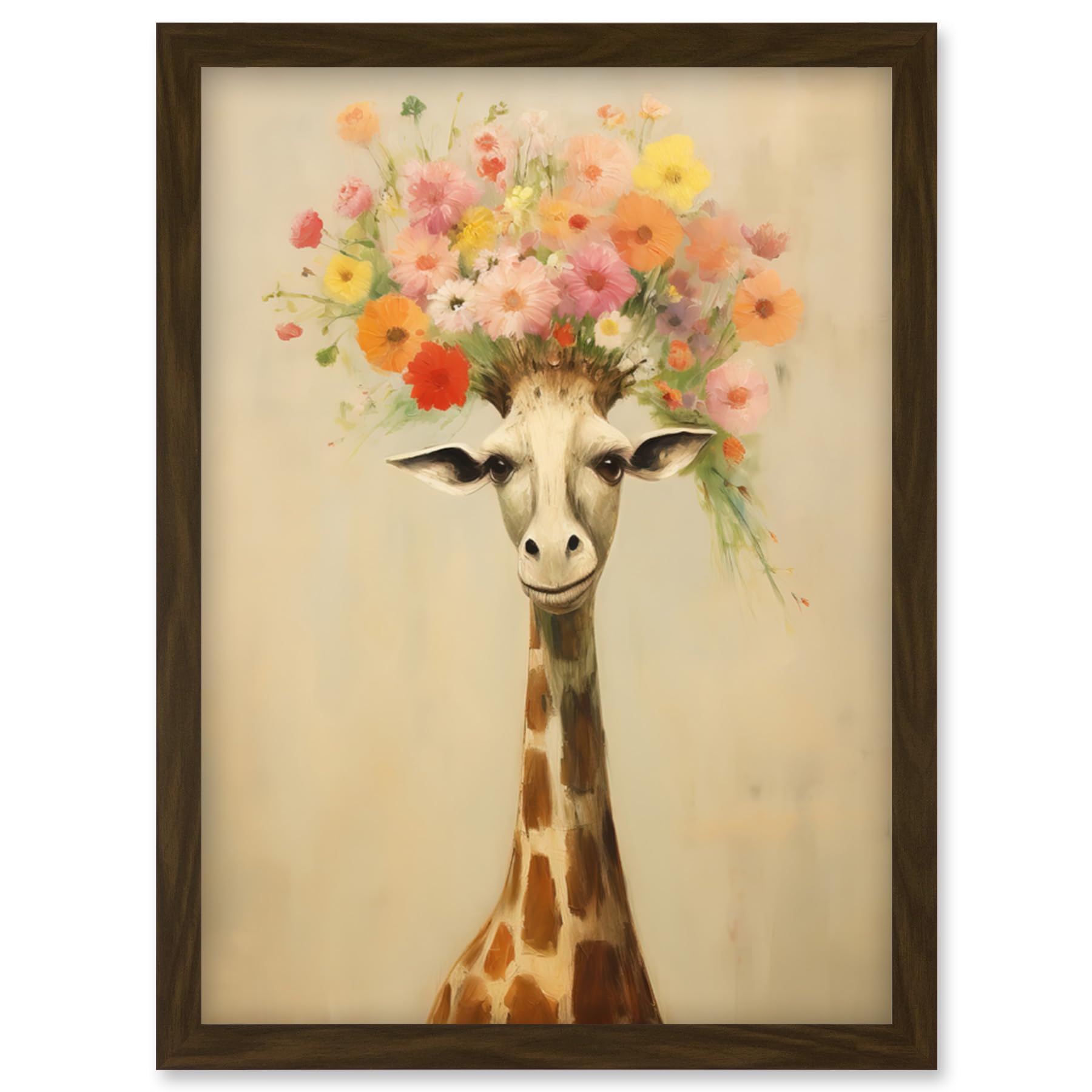 Artery8 Cheerful Giraffe with Wildflower Bouquet Hat Spring Camouflage Whimsical Oil Painting Nursery Artwork Framed Wall Art Print A4