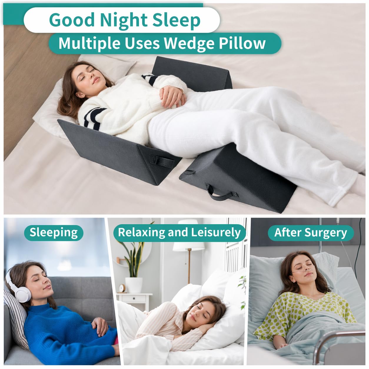 Juego de 3 almohadas de cuña para cama – Almohadas de cama y posicionadores para dormir de lado, almohadas de cuña de espuma para aliviar el dolor de espalda, postoperatoria, úlceras por cama,