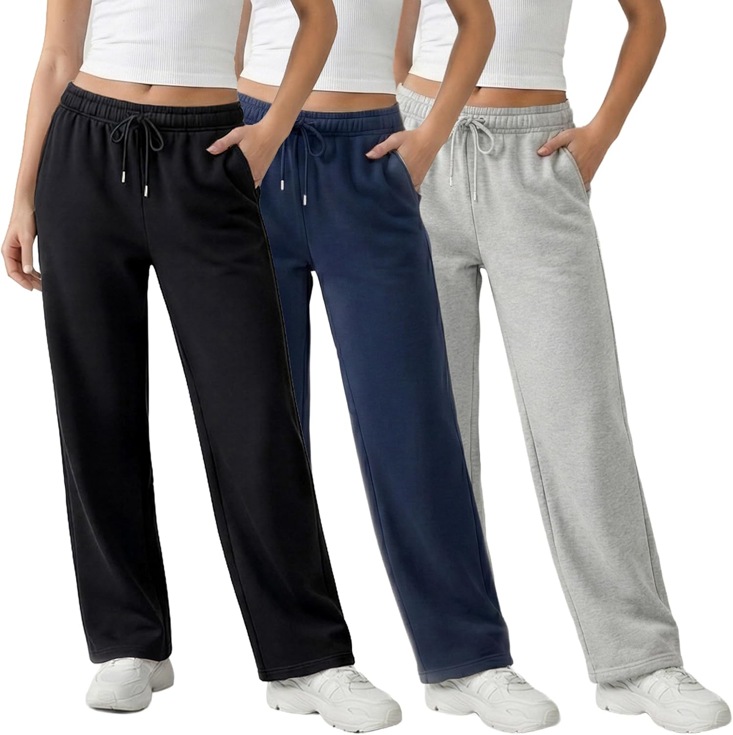 Common Stitch 3 Pack Straight Leg Fleece Lounge Sweatpants for Women — Deep Pockets, Relaxed Fit, Elastic Drawstring Waist