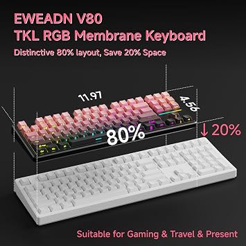 EWEADN V80 Wired TKL RGB Gaming Keyboard, 80% Compact Layout with PBT Keycaps, Whisper Quiet Membrane Switch, 26-Key Anti-Ghosting, Ergonomic Computer Keyboard for Laptop PC Gamer - BlackBerry Pink