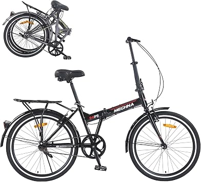 MEGHNA Folding City Bike 24 inch Wheel Single Speed/7 Speed Dual V Brakes Portable Foldable Bike with Rear Rack Bike Fenders City Bike for Women Men Junior for Trip Commuting to Work