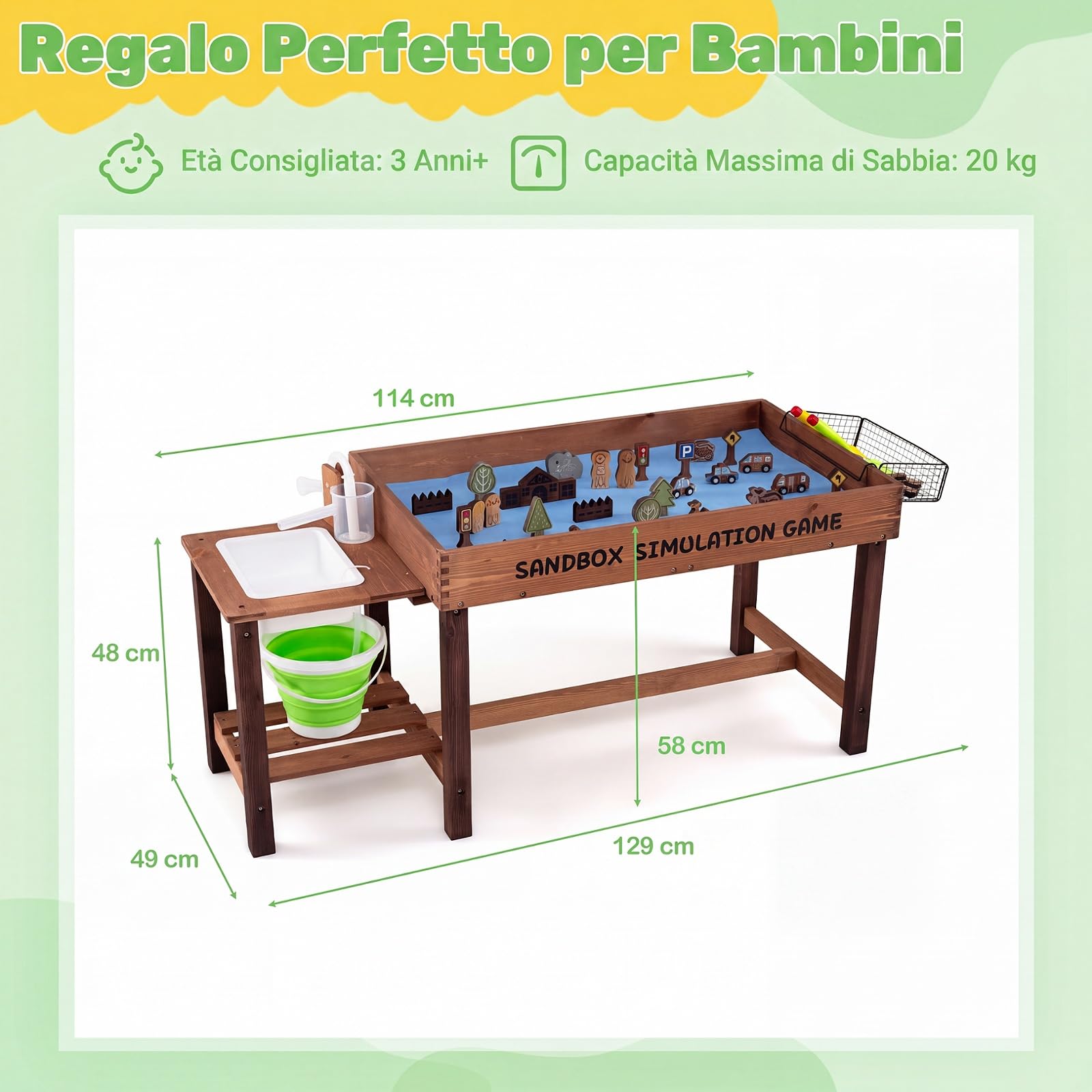 COSTWAY Sabbiera per Bambini da Esterno, in Legno con 33 Giocattoli | Tavolo Sabbiera e Acqua, Paletta e Rastrello, Tavolo Sensoriale con Pompa e Lavello Smontabile per Bambini 3+ Anni