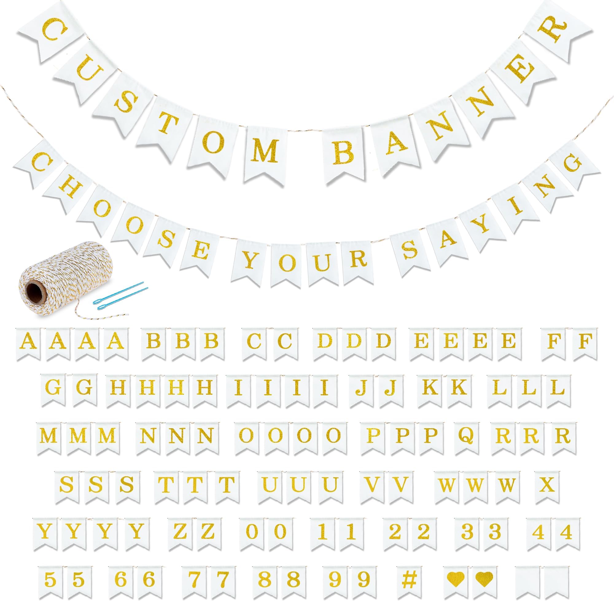 Custom Banner Kit, 97 White Cotton Canvas Flags with Gold Vinyl Printed Letters Numbers & Symbols, String & Needle, DIY Customizable Personalized Birthday Banner, Gold Glitter