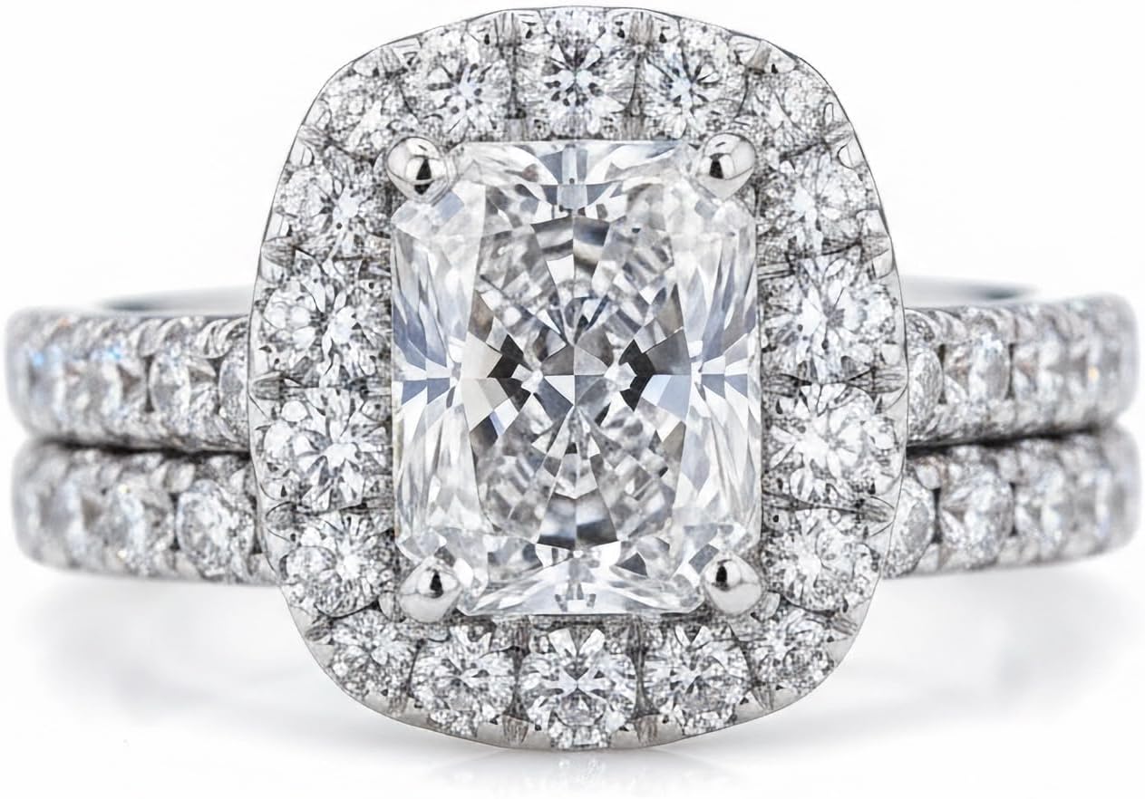 Wedding Ring Set for Women 2 CT Radiant Cut Engagement Rings Halo 925 Sterling Silver Rings with 18k White Gold Plated