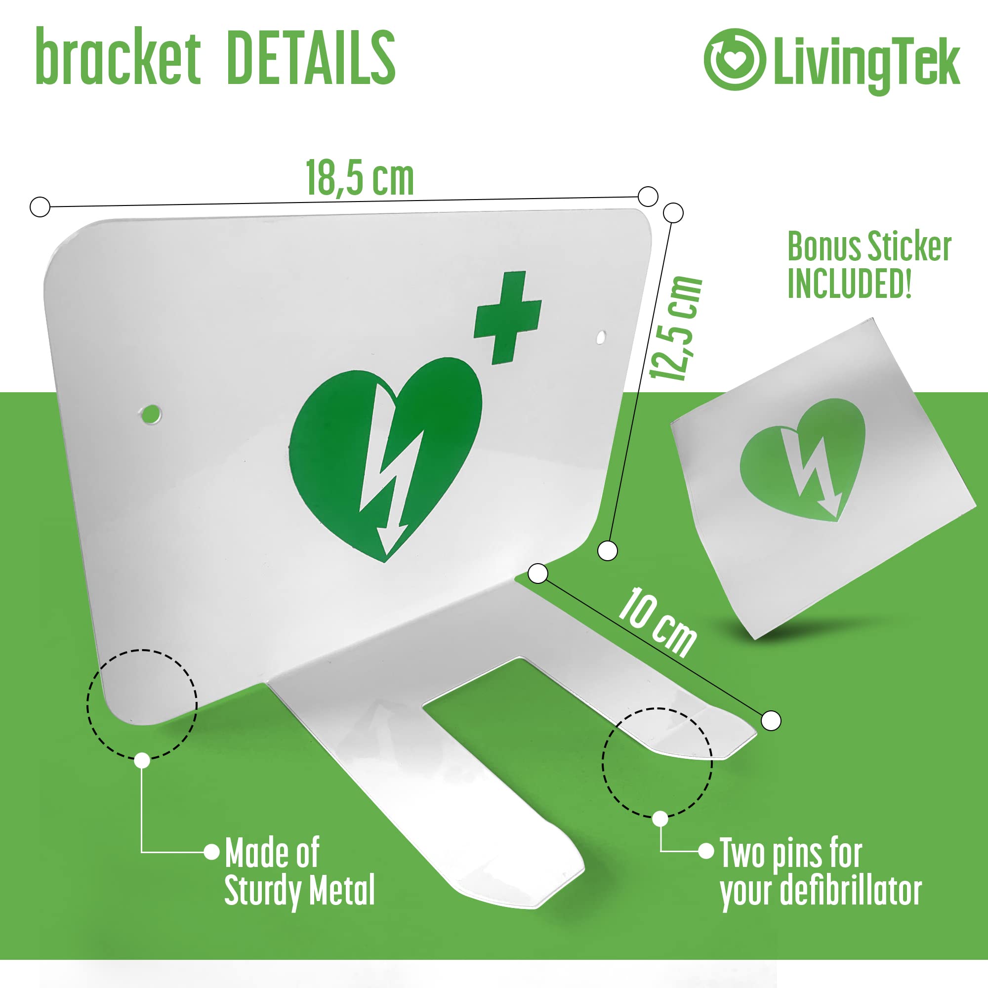 Metall Wandhalterung für Defibrillator AED/DAE inkl. Befestigungsschrauben, Defibrillator-Symbol, extra Defibrillator-Aufkleber, Einfach an die Wand zu hängen, 220g