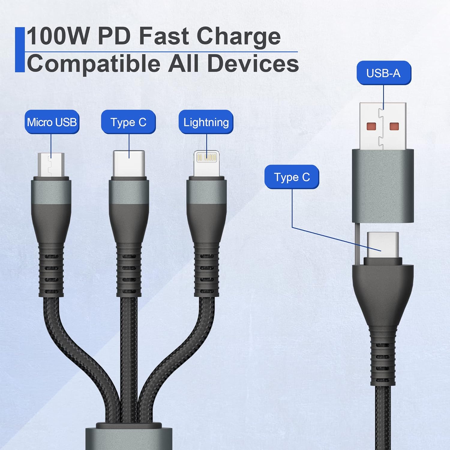 100W USB C to Multi Fast Charging Cable 3M/10Ft [Apple MFi Certified] USB A/C to 3-in-1 Long Charging Cord with Type C +Micro USB +Lightning Connector Universal Charger for Laptop iPhone i-Pad
