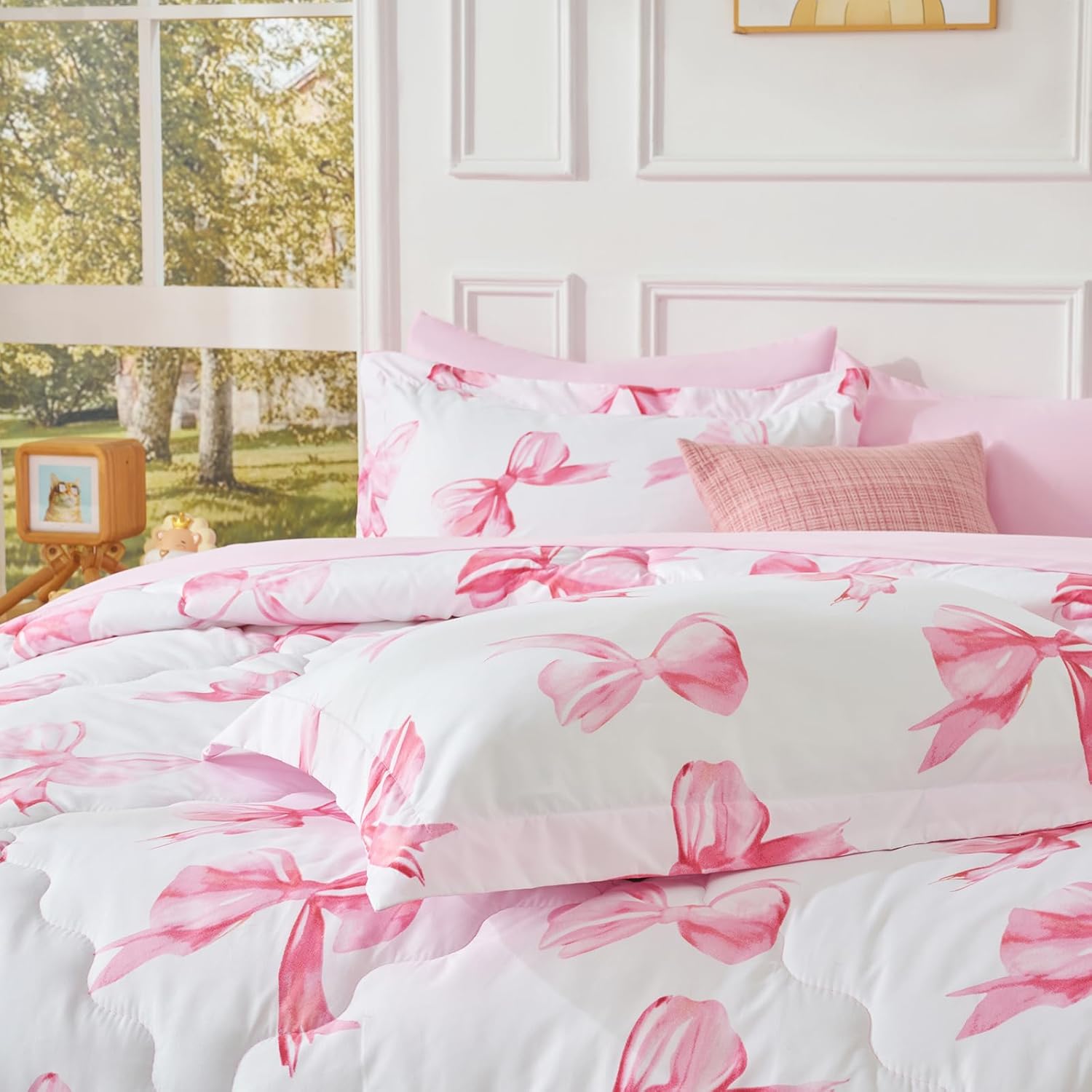 Wajade 7 Piece Pink Bow Comforter Set for Girls Twin Size Cute Bedding Set Bed in A Bag (1 Comforter, 1 Flat Sheet, 1 Fitted Sheet, 2 Pillowcase and 2 Pillow Sham)