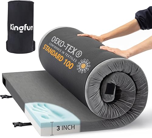 Kingfun Memory Foam Camping Mattress, 3 Inch Waterproof Floor Foldable Portable Roll up Mattress Bed, Comfortable Car Camping Sleeping Mat Pad,