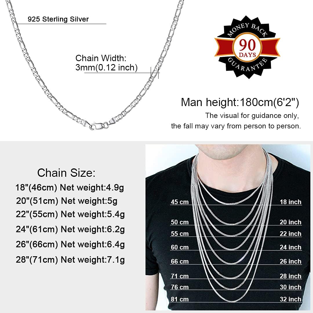 925 Sterling Silver Tiny 2.9mm Italian Style Figaro Chain Necklace for Women, 20 inch