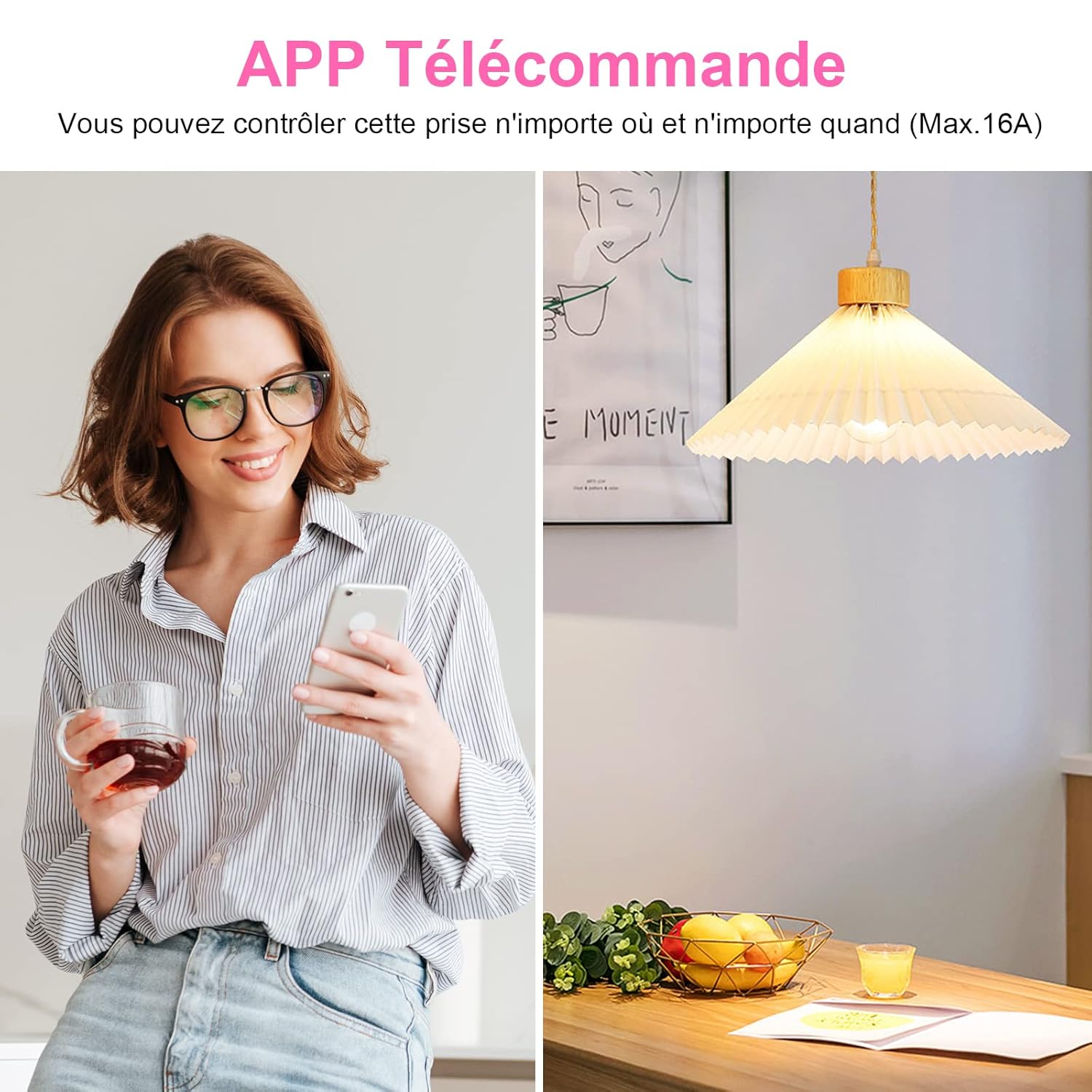 Person using smartphone to remotely control a lamp connected to a smart plug
