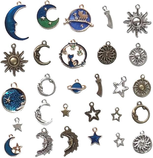Qililandiy 112pcs Mixed Antique Silver Sun Stars Moon Charms Pendants Assorted Gold Plated Enamel Cat Moon Star Celestial Charm Pendant for Crafting Jewelry Making