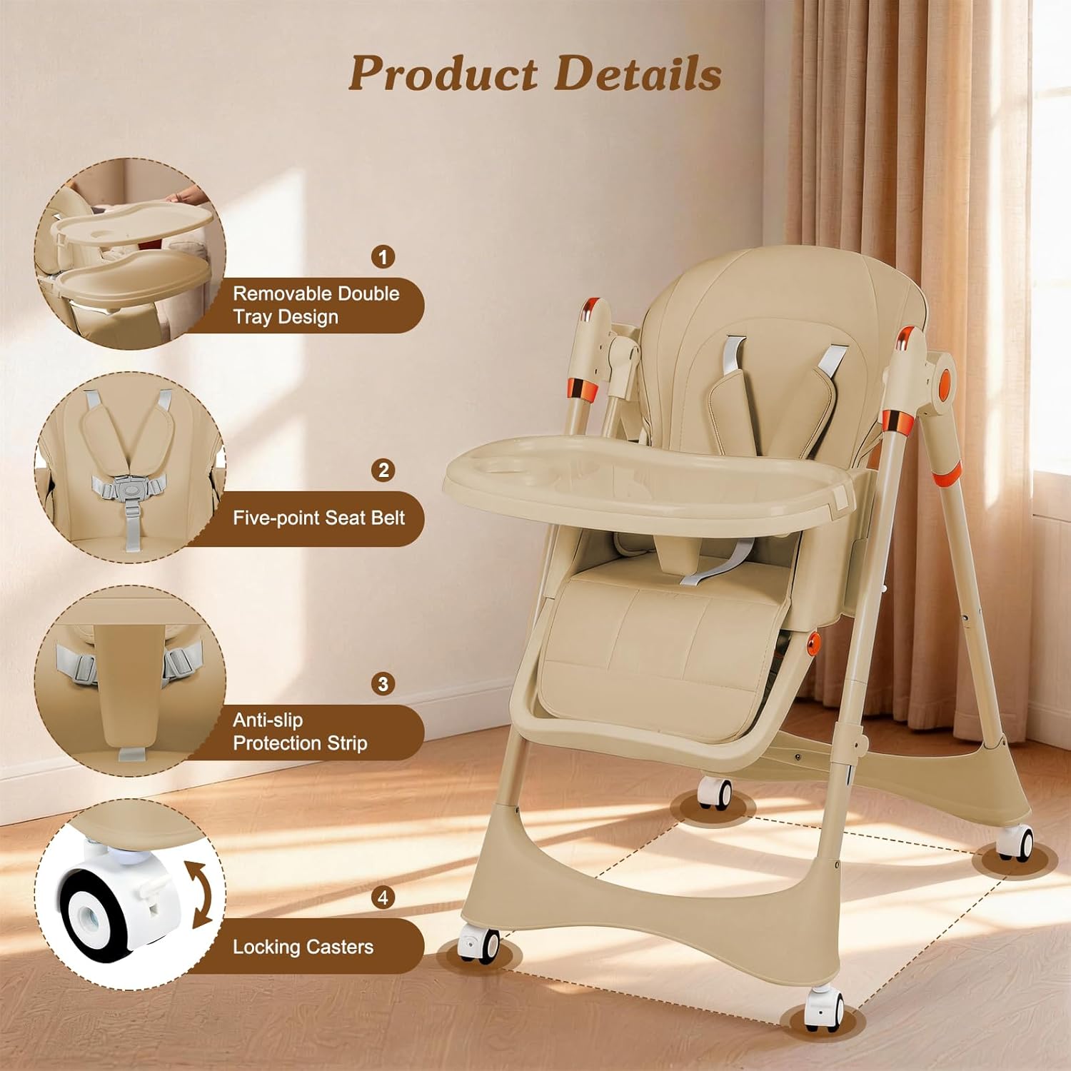 3-in-1 Baby High Chair with Soothing Rocker | Convertible Baby High Chair for Toddlers | Brake Wheels, Easy Clean, Space Saving | Adjustable, Removable Tray (Brown)