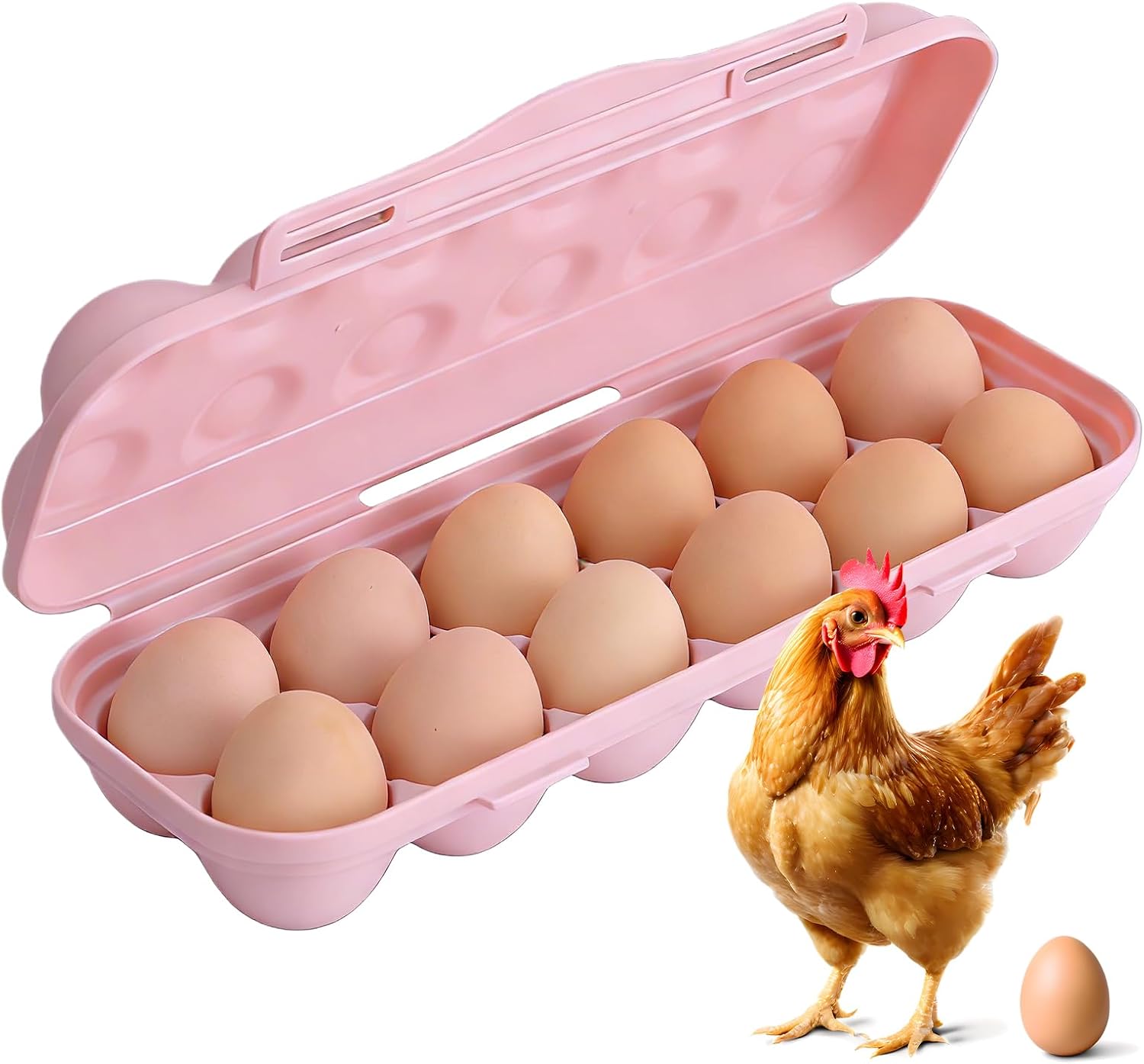 PhantomSky Large Capacity Outdoor Egg Holder, Plastic Egg Fresh Carrier Egg Storage Container Organizer Box for Fridge, Stackable Egg Holder for Refrigerator Picnic Hiking Travel, 12 Eggs Tray Pink