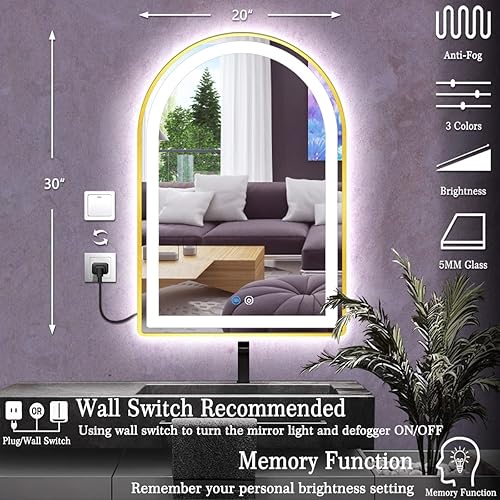 Miniatura 6 de Espejo LED de arco con marco dorado de 20 x 30 pulgadas para baño, salón, mesa de pared, espejo de tocador de maquillaje con luces, marco dorado,