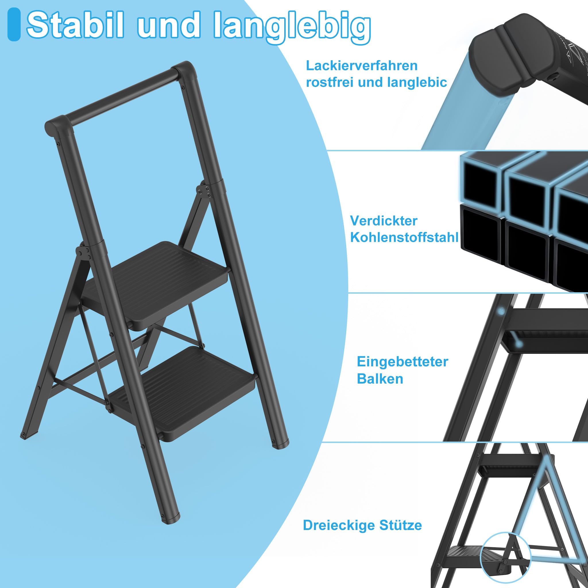 LARS360 Scala pieghevole a 2 gradini con corrimano, scala domestica antiscivolo, per casa, ufficio, portatile e stabile, portata fino a 250 kg, colore nero