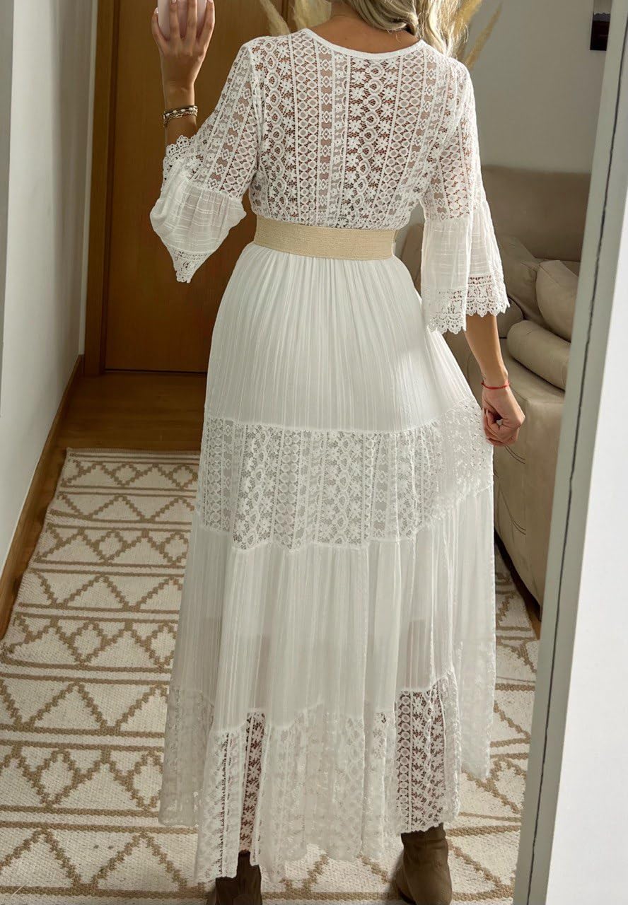Vestido largo de encaje para mujer con cuello en V, mangas acampanadas 3/4, blanco, vestido bohemio de encaje, vestido bohemio