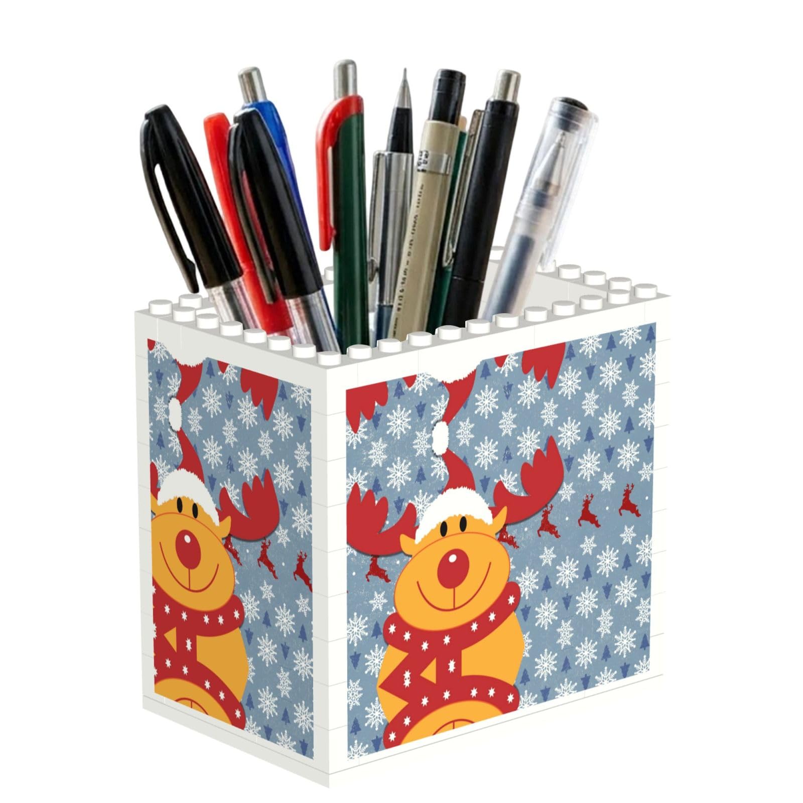 SATUSA Christmas Deer Print Building Block Texture Pen Holder - Pencil Holder For Desk Pen Organizer,Aesthetic Desk Accessories For Women(1pcs)