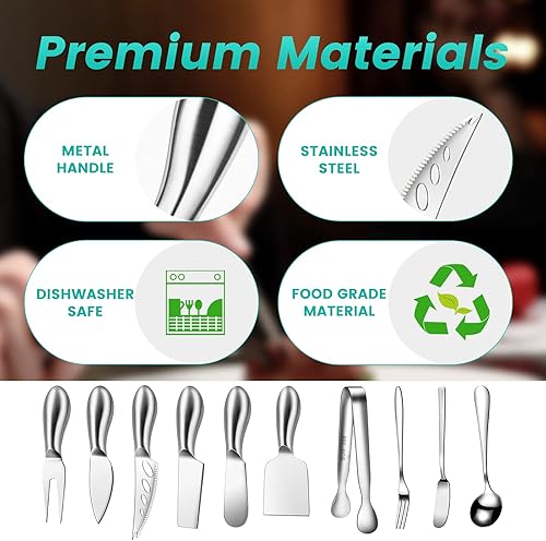 Miniatura 4 de Juego de cuchillos de queso plateado para accesorios de tabla de charcutería, cortador de queso de acero inoxidable y cuchillos esparcidores de