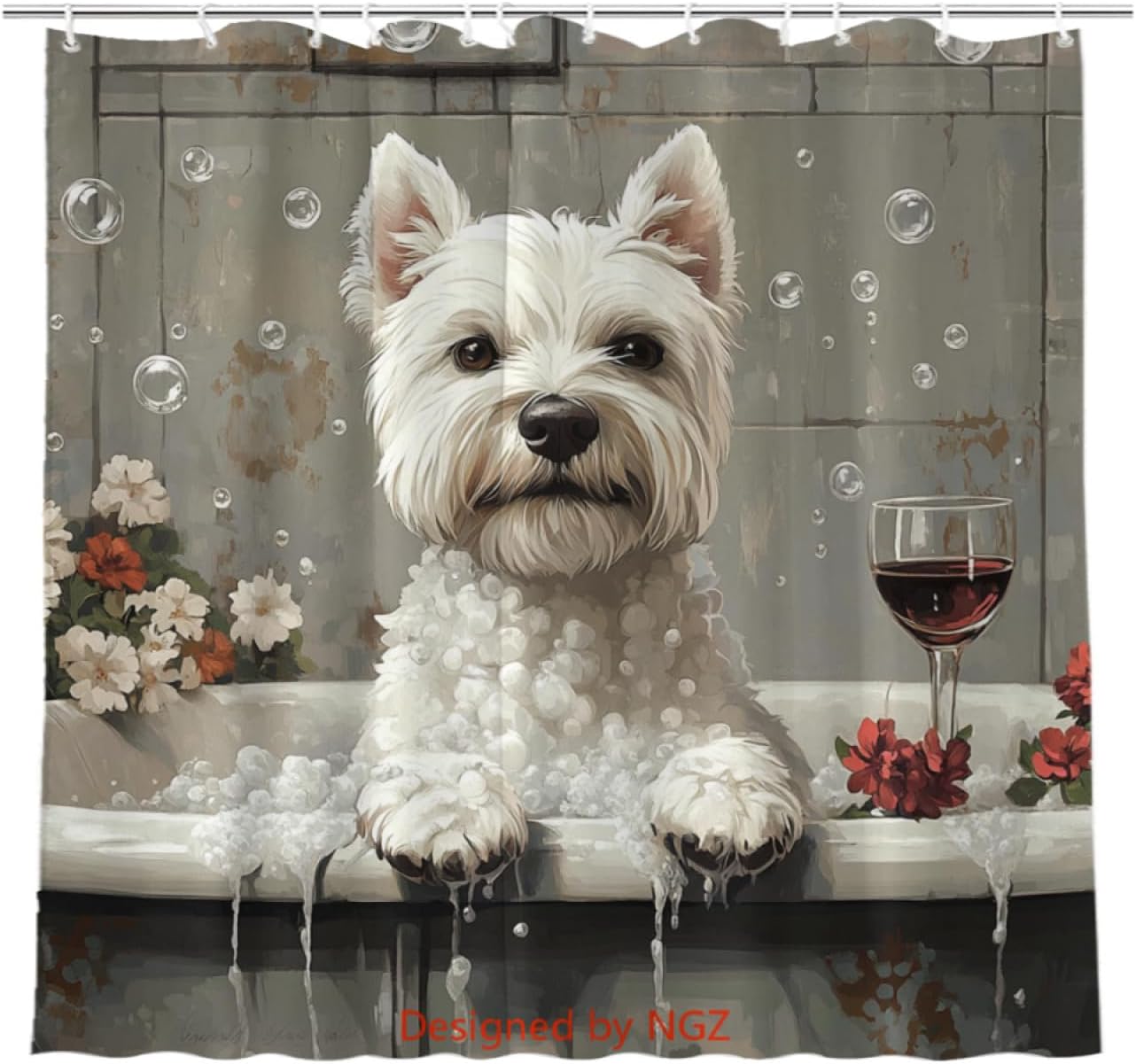 NGZ Funny White Terrier Shower Curtain, SPA White Terrier with Wine, Grey Shower Curtain, 72x72 Inches Floral Shower Curtains for Bathroom, Bath Curtains Set with 12 Hooks