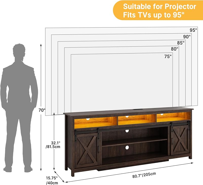 Vinctik 6&Fox 80in Wooden Farmhouse Entertainment Center for 90/85 inch TV,Double Layer Storage Farmhouse TV Stand,Double-Row Sockets with Wood Sliding Barn Door TV Stand(Double Layer Rustic Brown) image 2